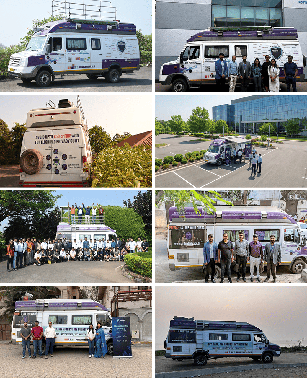 Bharat Privacy Yatra 2026 van and team photographs from the nationwide journey